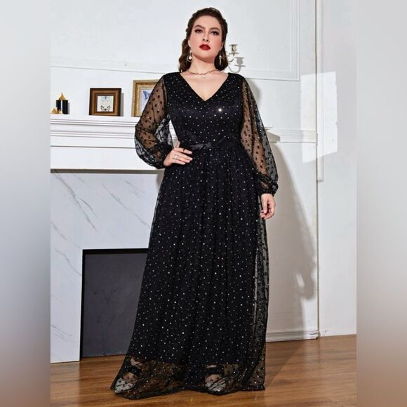 SHEIN Galaxy Mex Lantern Sleeve Black Maxi Dress size 0XL - Picture 1 of 12